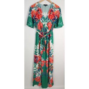 Lulus Women's Sz. L V Neck Green Floral Maxi Tie Waist Dress